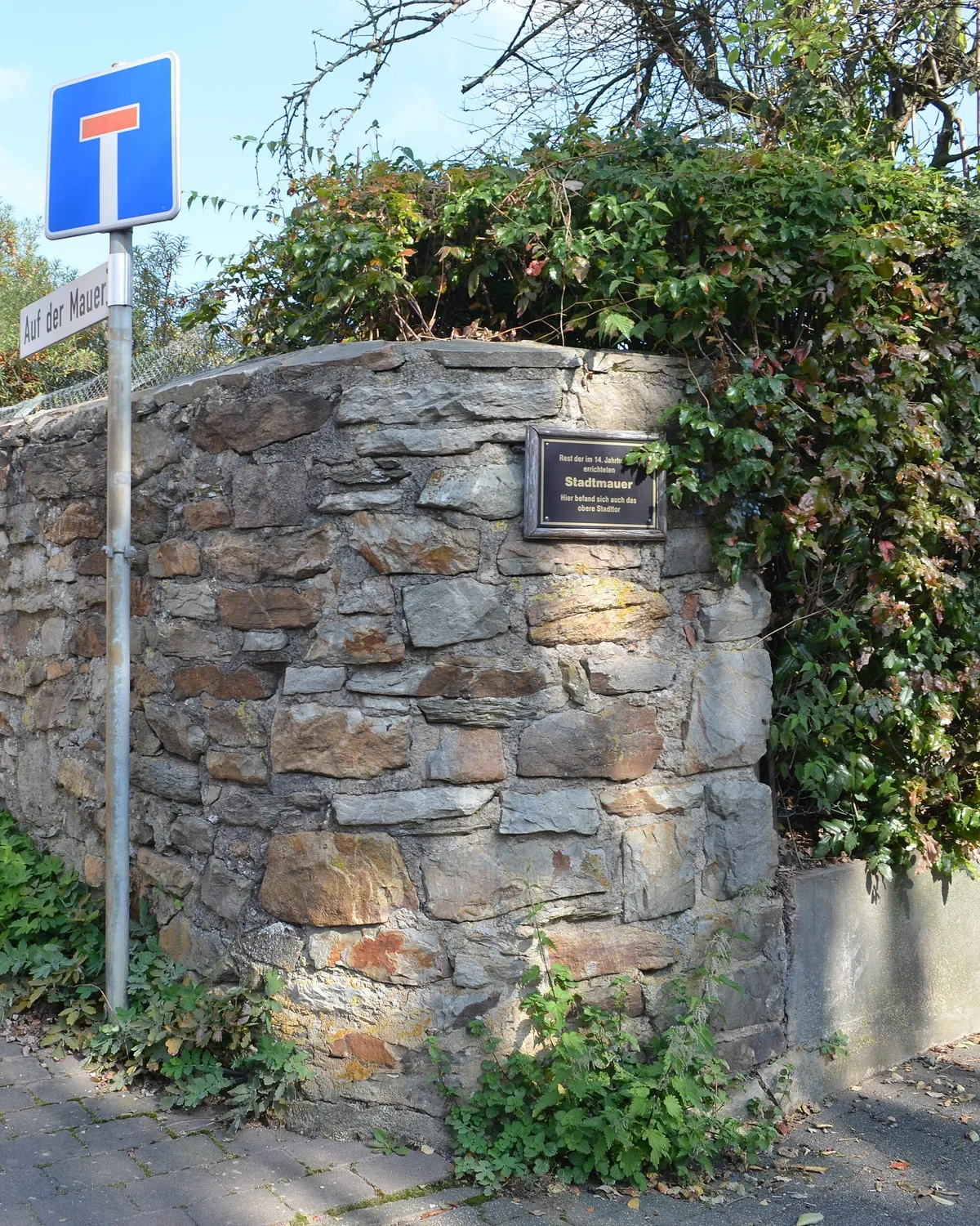 Rest der historischen Stadtmauer aus Bruchstein an einem Fußweg in Wehrheim