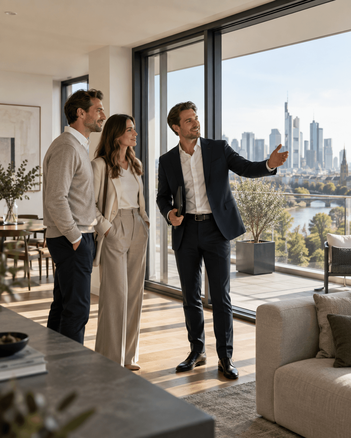 Niclas van der Straeten zeigt einem Paar eine Penthouse-Wohnung mit Blick auf die Frankfurter Skyline