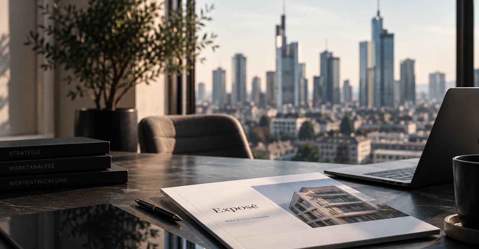 Exposé und Laptop auf einem Besprechungstisch mit Blick auf die Frankfurter Skyline