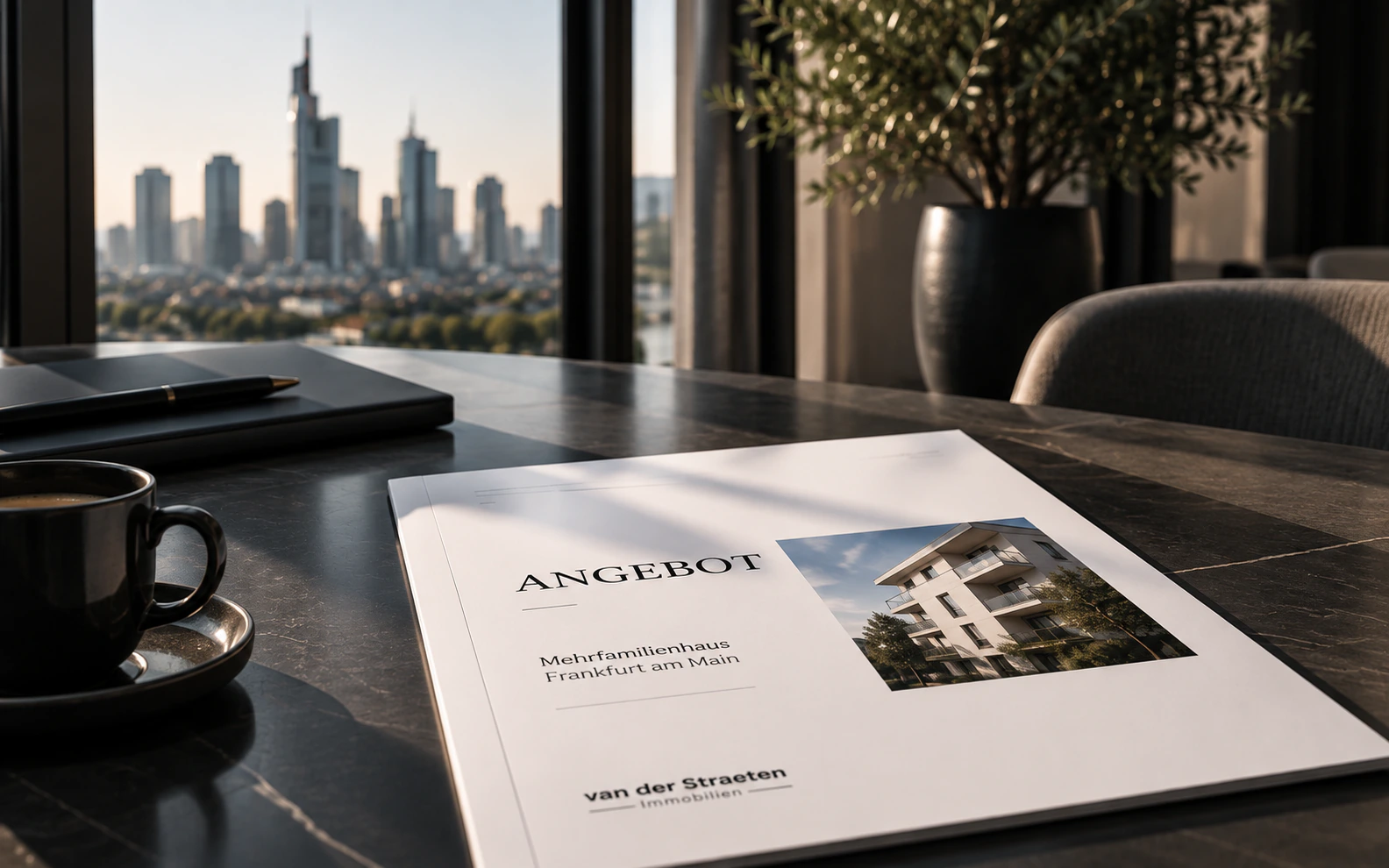 Gedrucktes Angebot für eine Villa auf einem Couchtisch, daneben eine Ledermappe