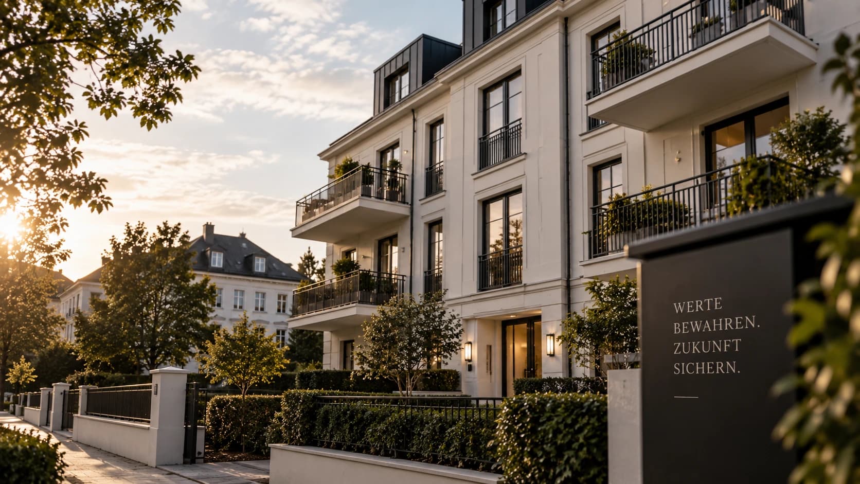 Ecke eines modernen Wohn- und Geschäftshauses mit dunkler Klinkerfassade