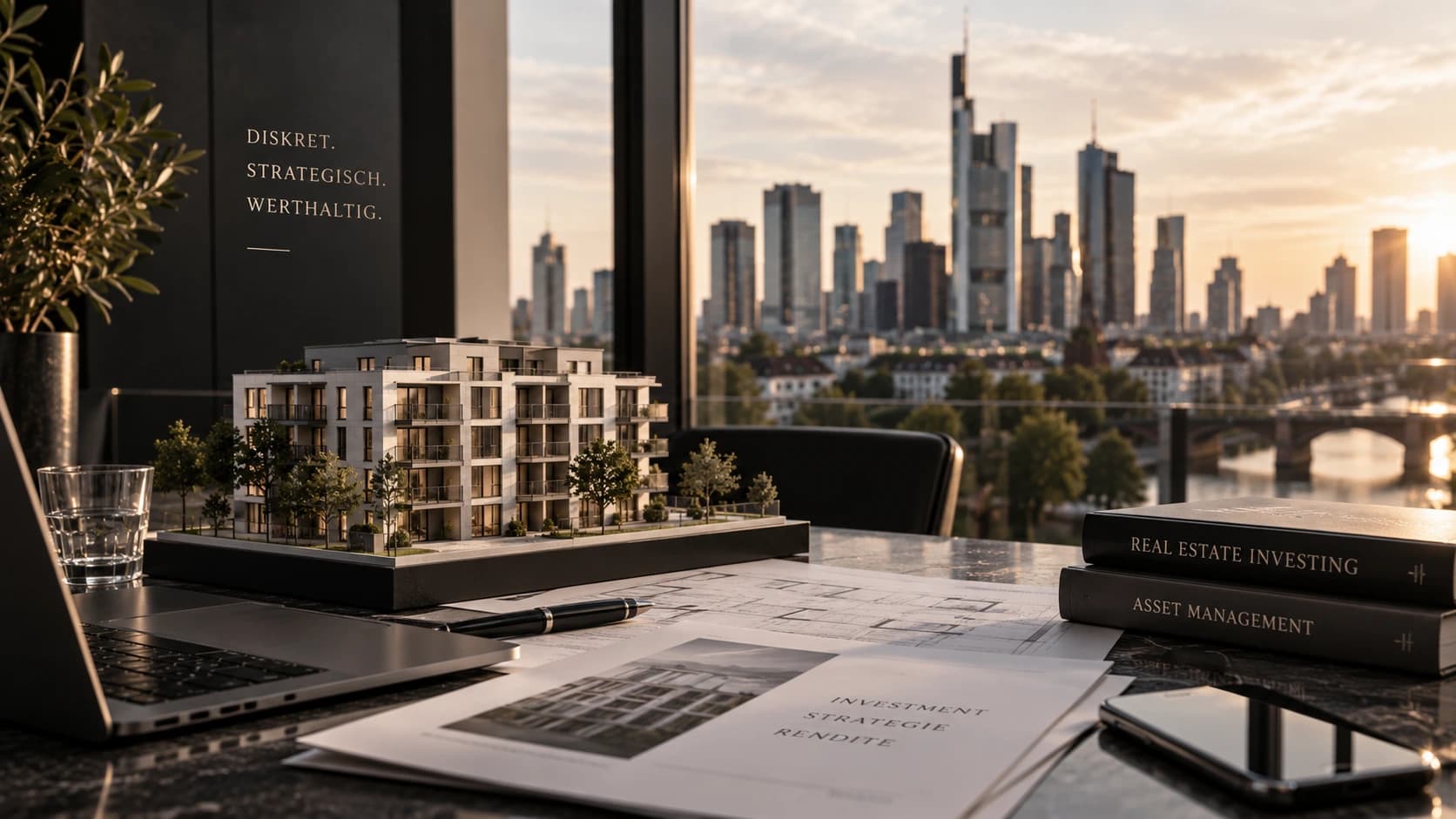 Hochhäuser der Frankfurter Skyline in der Abenddämmerung