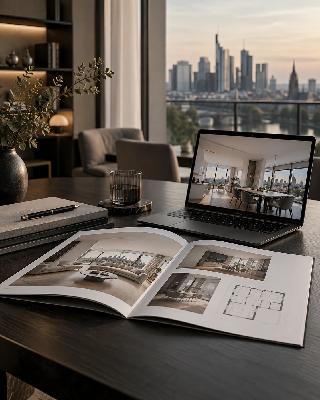 Hochwertiges Exposé auf einem Tisch, dahinter der Blick auf die Frankfurter Skyline